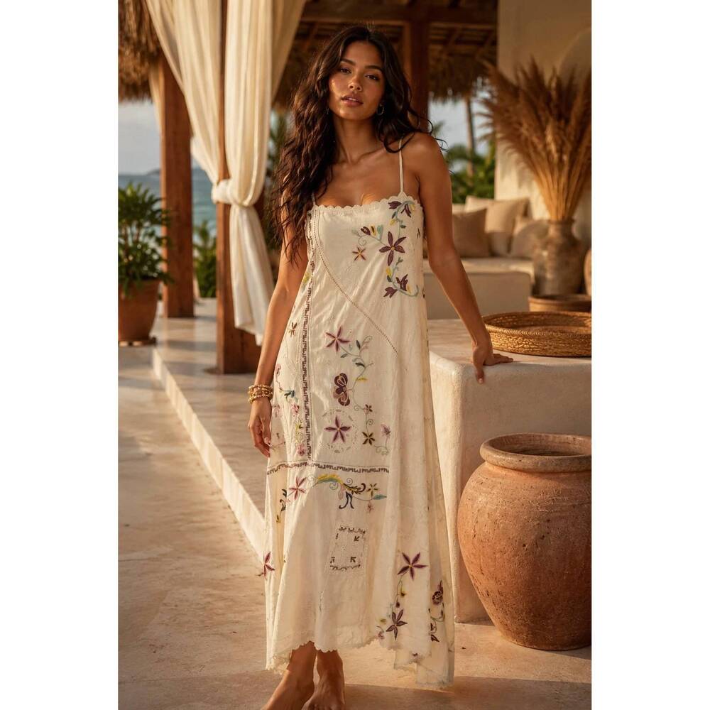 NEW SURELYMINE wildflower embroidered boho maxi dress in ivory